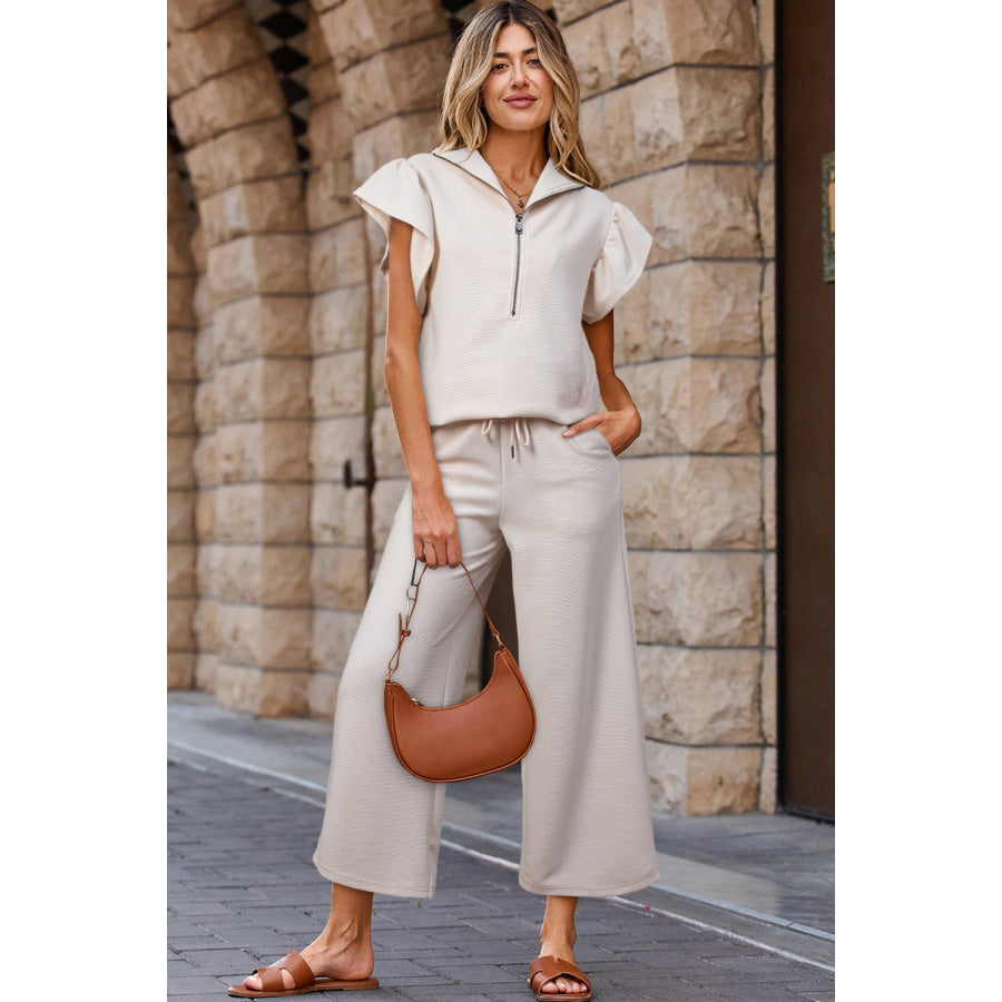 Apricot Textured Ruffled Sleeve Zipped Top and Wide Leg Pants Set Apricot / S / 95% Polyester + 5% Elastane Two Piece Sets/Pant Sets