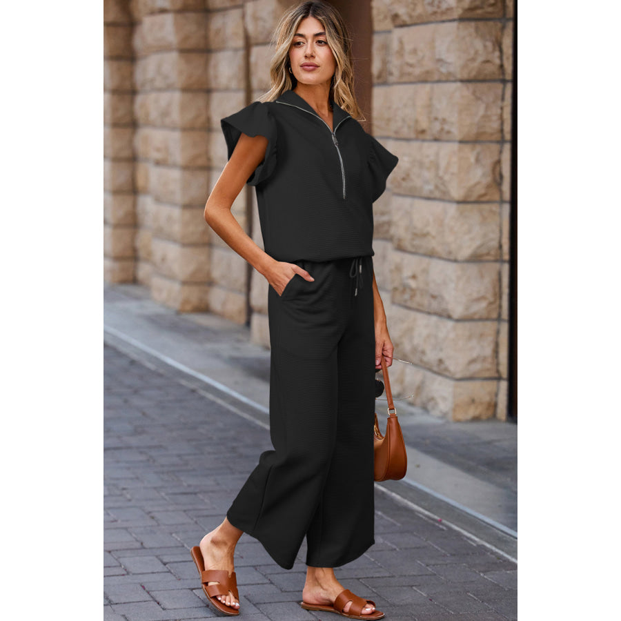 Apricot Textured Ruffled Sleeve Zipped Top and Wide Leg Pants Set Two Piece Sets/Pant Sets