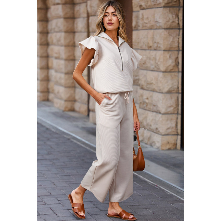Apricot Textured Ruffled Sleeve Zipped Top and Wide Leg Pants Set Two Piece Sets/Pant Sets