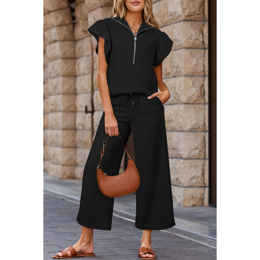 Apricot Textured Ruffled Sleeve Zipped Top and Wide Leg Pants Set Two Piece Sets/Pant Sets