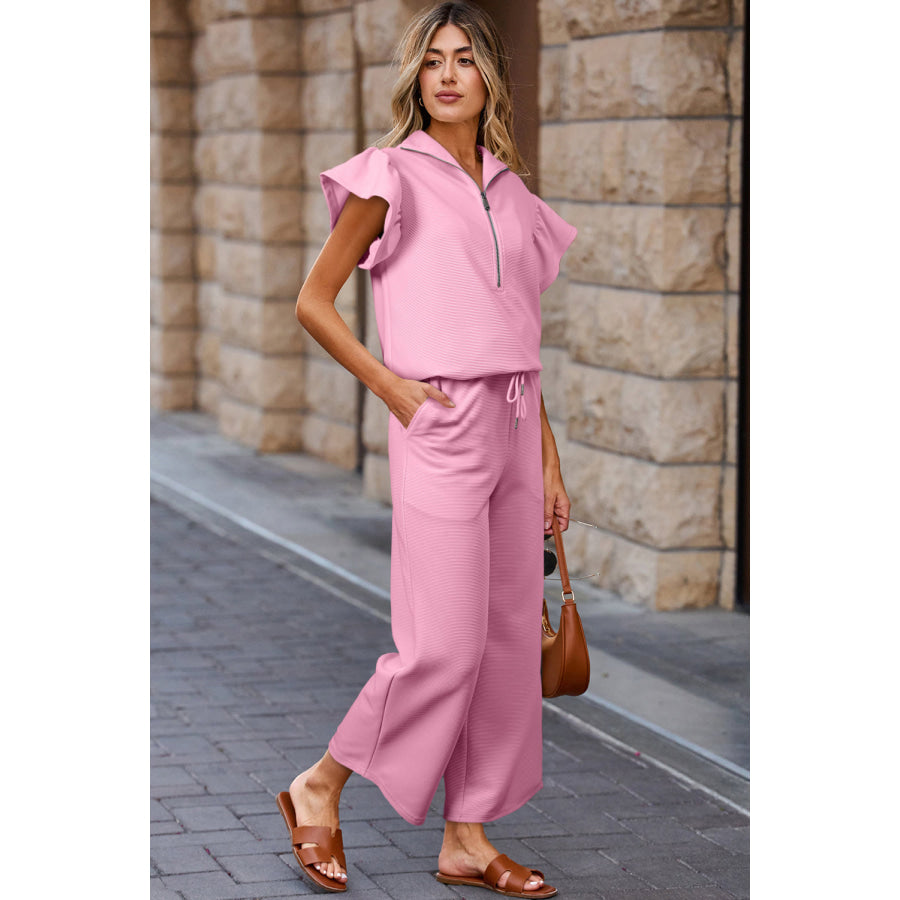 Apricot Textured Ruffled Sleeve Zipped Top and Wide Leg Pants Set Two Piece Sets/Pant Sets