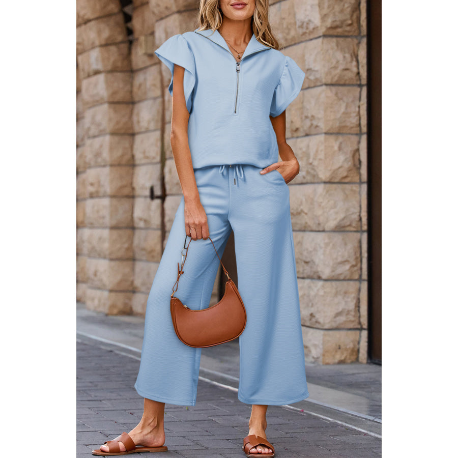 Apricot Textured Ruffled Sleeve Zipped Top and Wide Leg Pants Set Two Piece Sets/Pant Sets