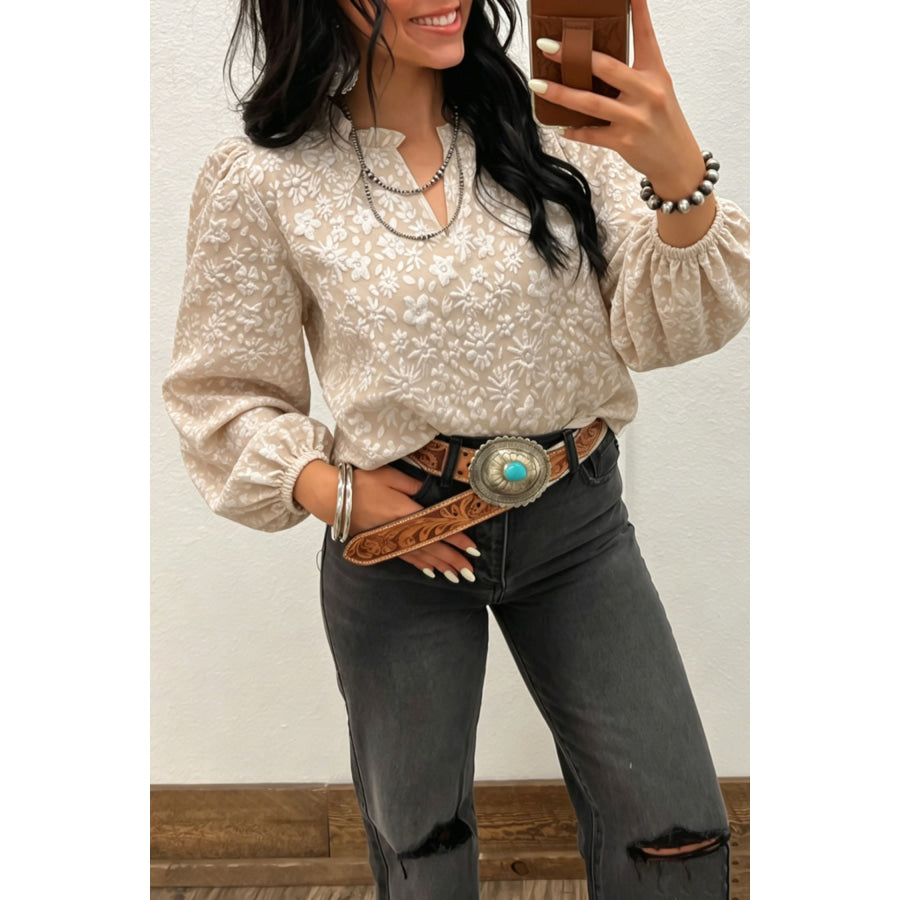 Apricot V Neck Floral Textured Long Sleeve Casual Blouse / S Tops/Blouses & Shirts