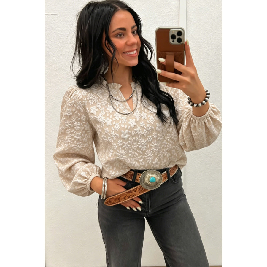 Apricot V Neck Floral Textured Long Sleeve Casual Blouse Tops/Blouses & Shirts