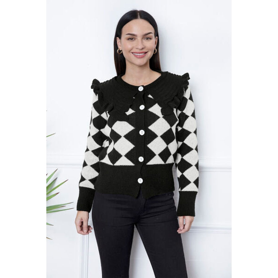 Argyle Element Button Up Ruffled Cardigan Black / S Clothing