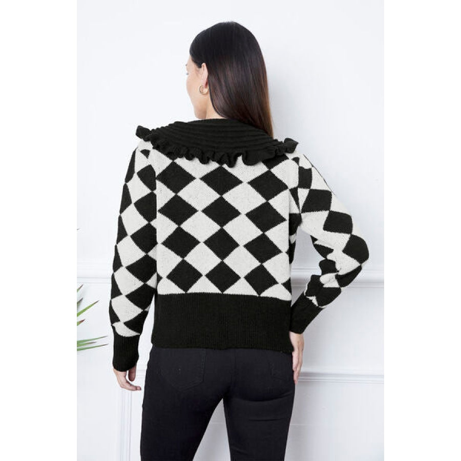 Argyle Element Button Up Ruffled Cardigan Black / S Clothing