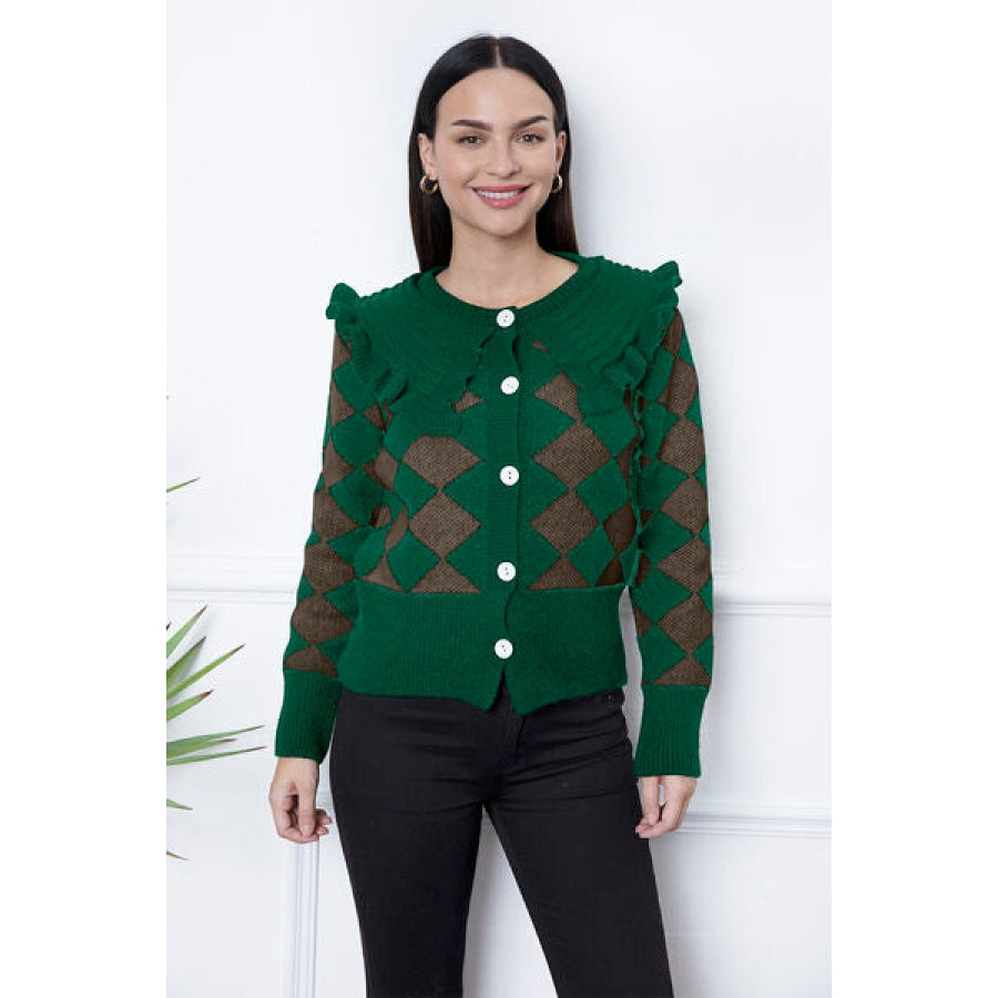 Argyle Element Button Up Ruffled Cardigan Green / S Clothing