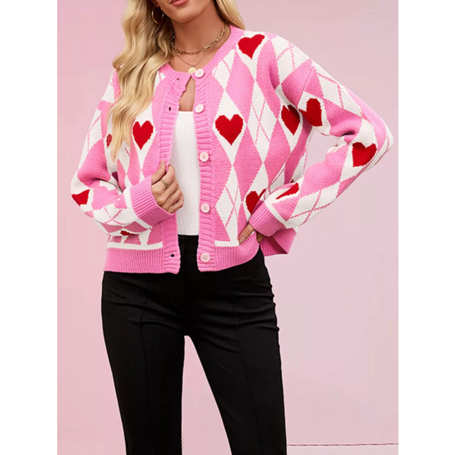 Argyle Heart Pattern Button-Up Knit Cardigan Apparel and Accessories