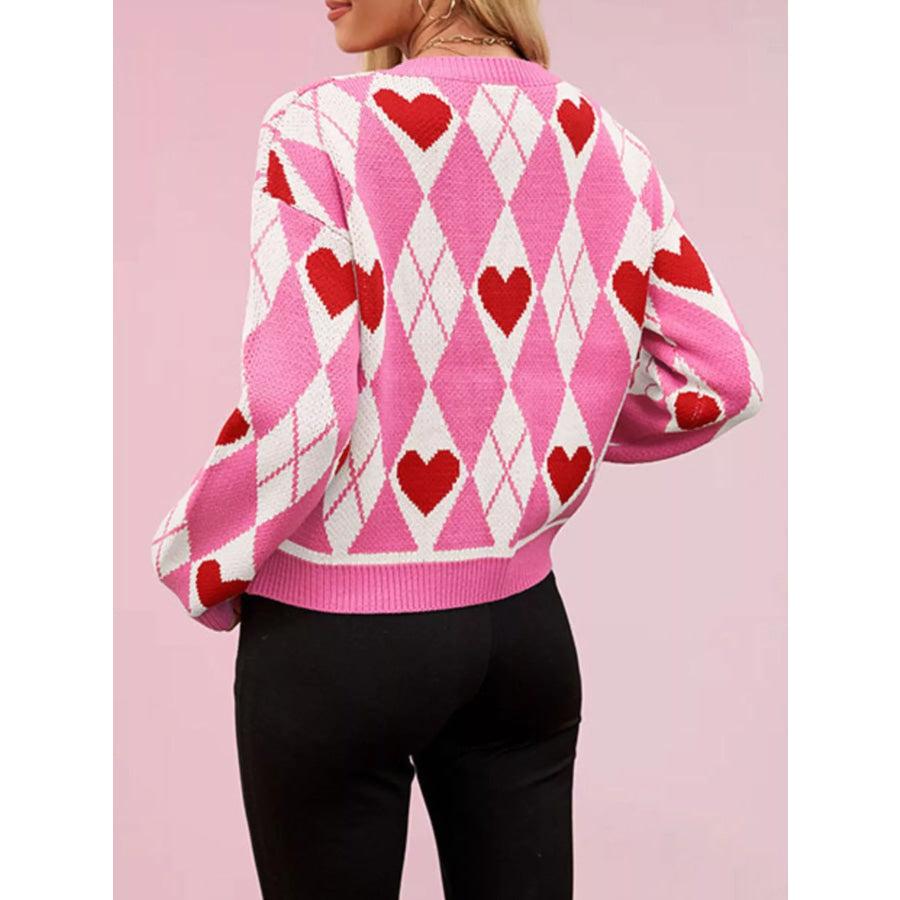 Argyle Heart Pattern Button-Up Knit Cardigan Apparel and Accessories