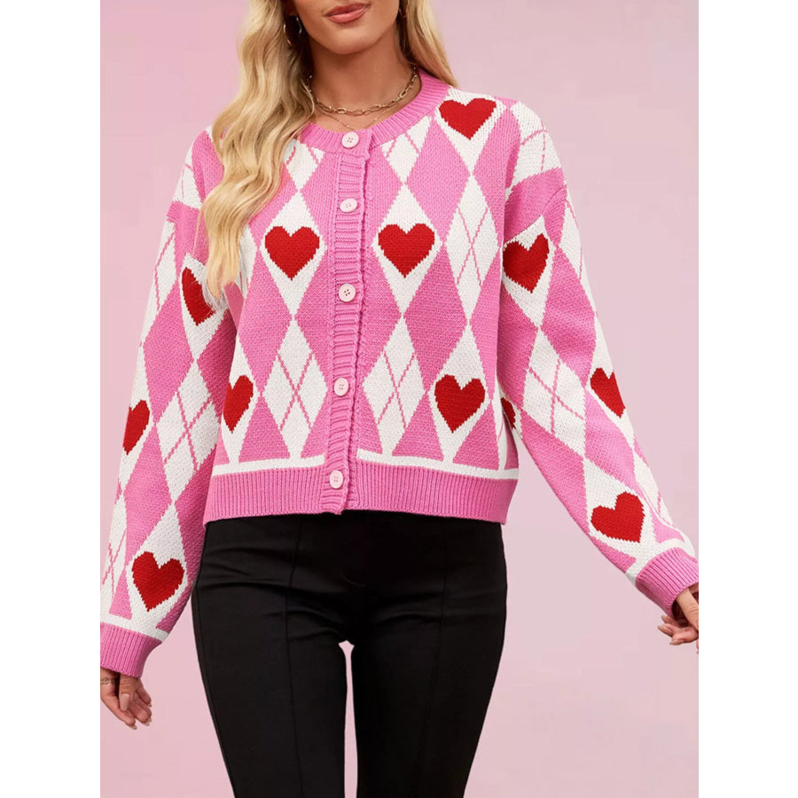 Argyle Heart Pattern Button-Up Knit Cardigan Apparel and Accessories