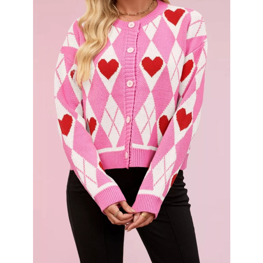 Argyle Heart Pattern Button-Up Knit Cardigan Rose Red / S Apparel and Accessories