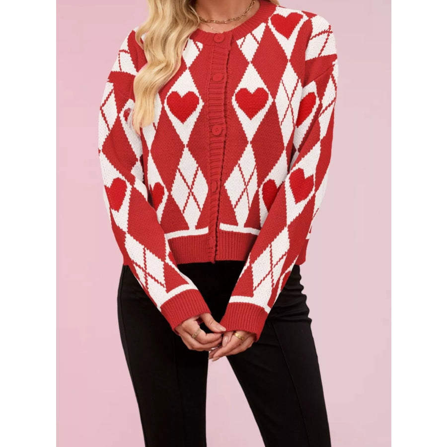Argyle Heart Pattern Button-Up Knit Cardigan Apparel and Accessories