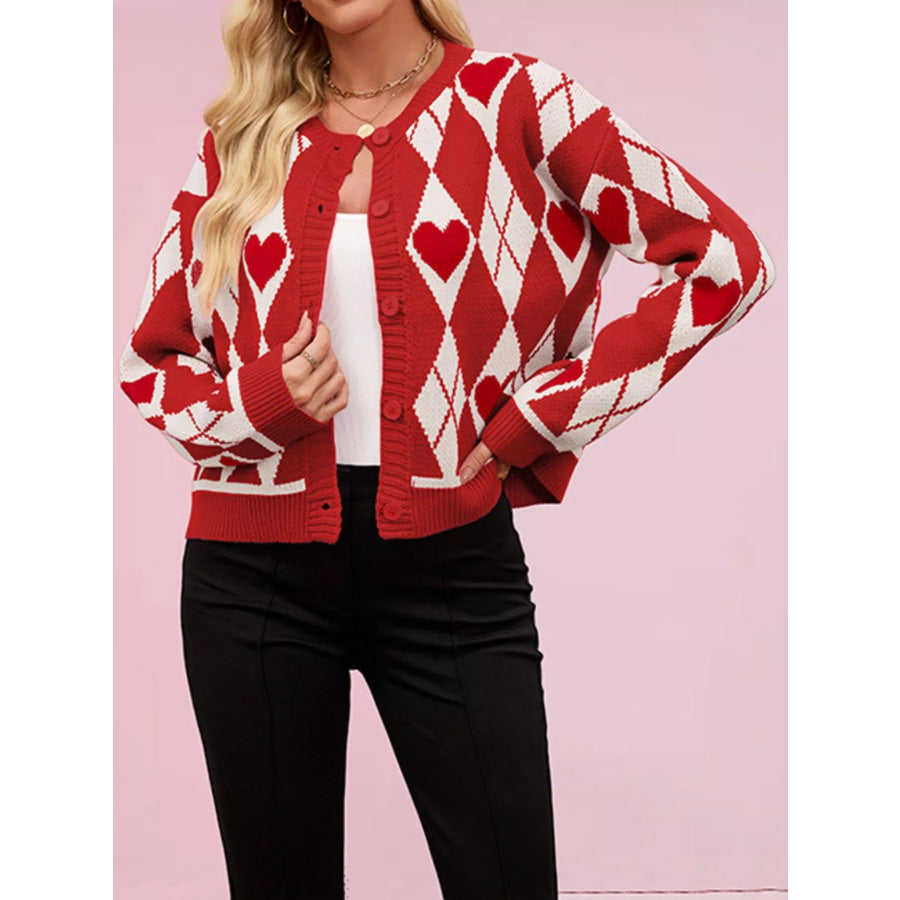 Argyle Heart Pattern Button-Up Knit Cardigan Red / S Apparel and Accessories