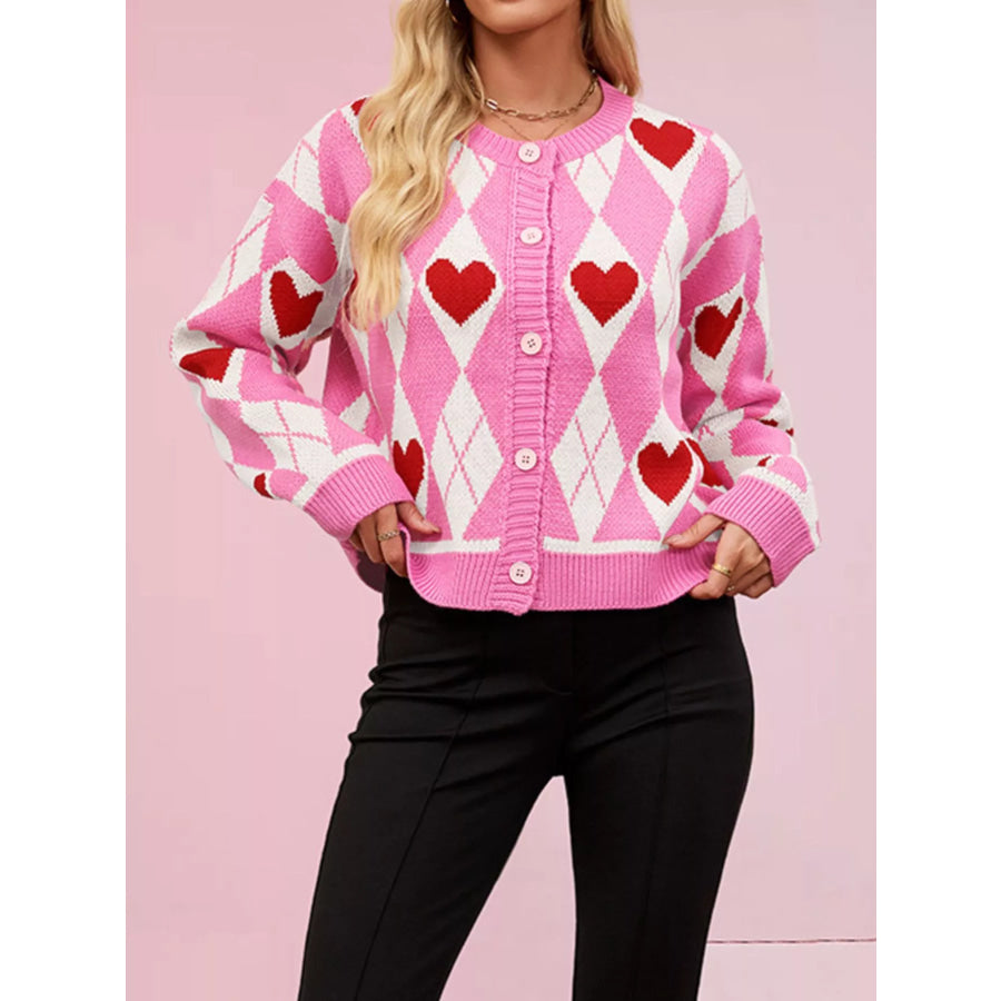 Argyle Heart Pattern Button-Up Knit Cardigan Rose Red / S Apparel and Accessories