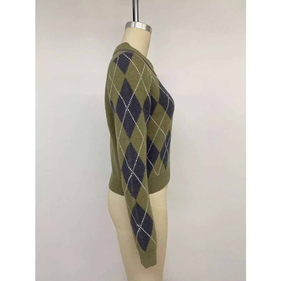 Argyle Pattern Collared Knit Sweater Apparel and Accessories