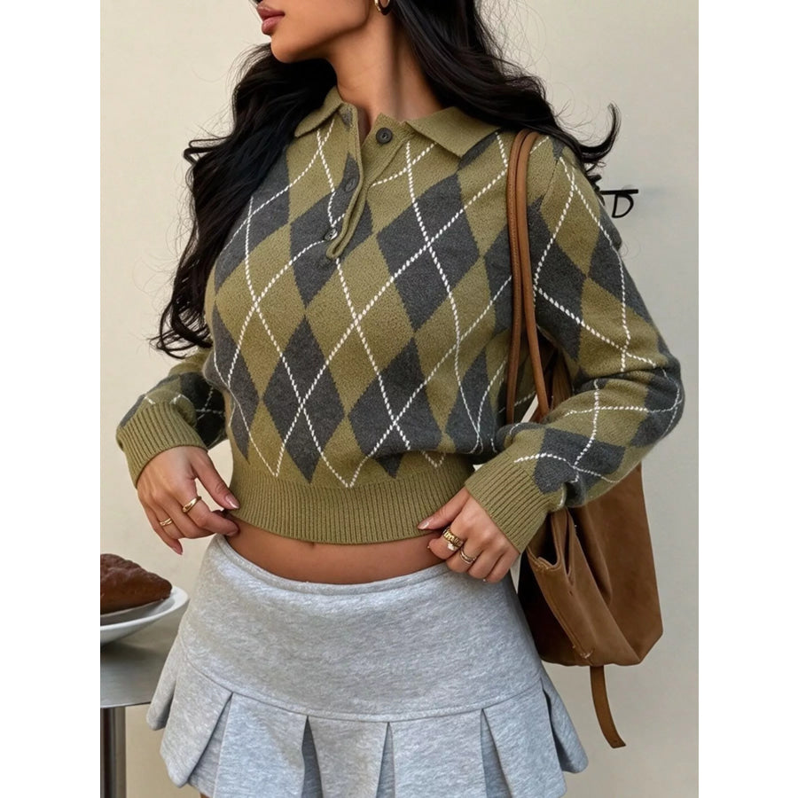 Argyle Pattern Collared Knit Sweater Apparel and Accessories