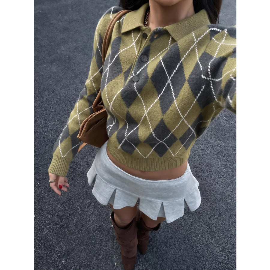 Argyle Pattern Collared Knit Sweater Green / S Apparel and Accessories