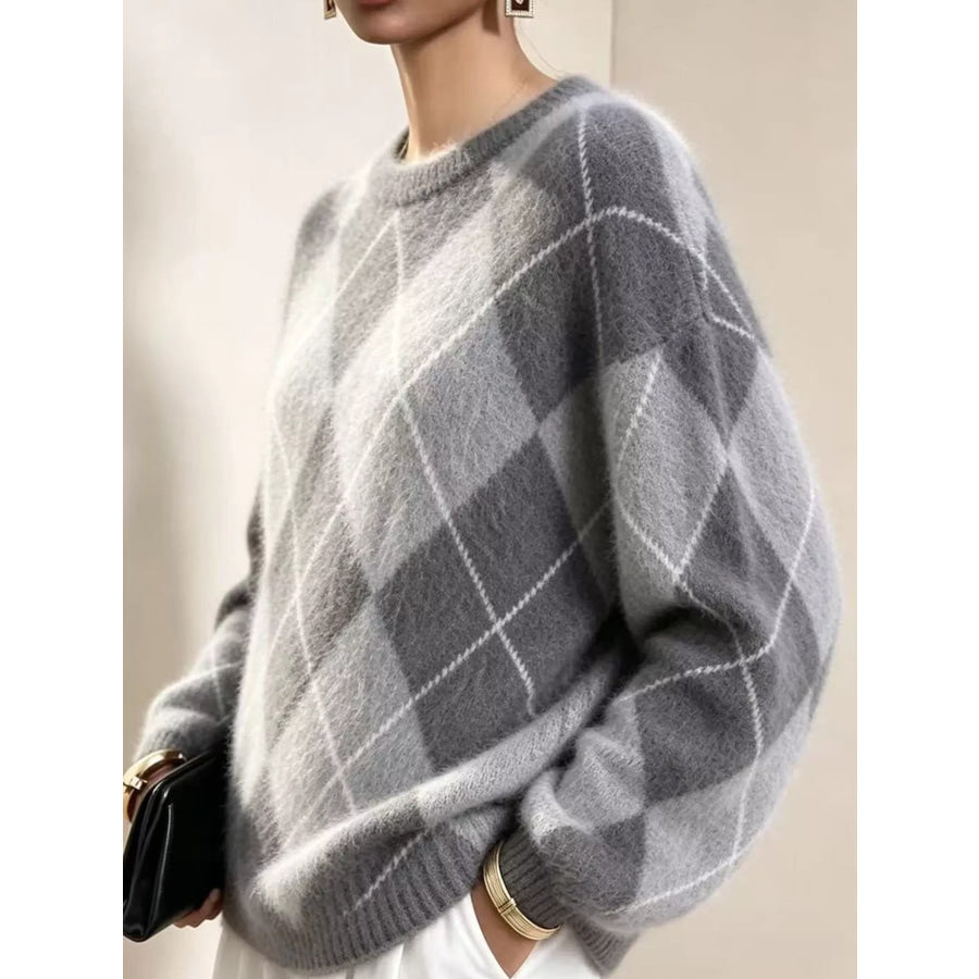 Argyle Pattern Fuzzy Knit Sweater Apparel and Accessories