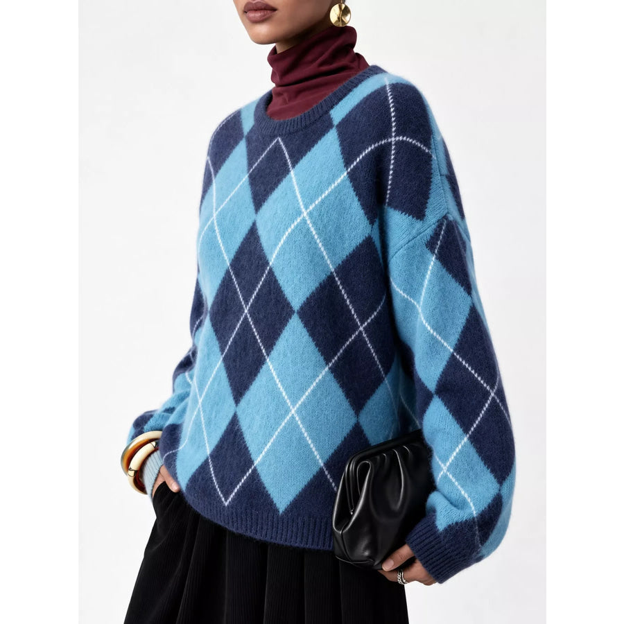 Argyle Pattern Fuzzy Knit Sweater Apparel and Accessories