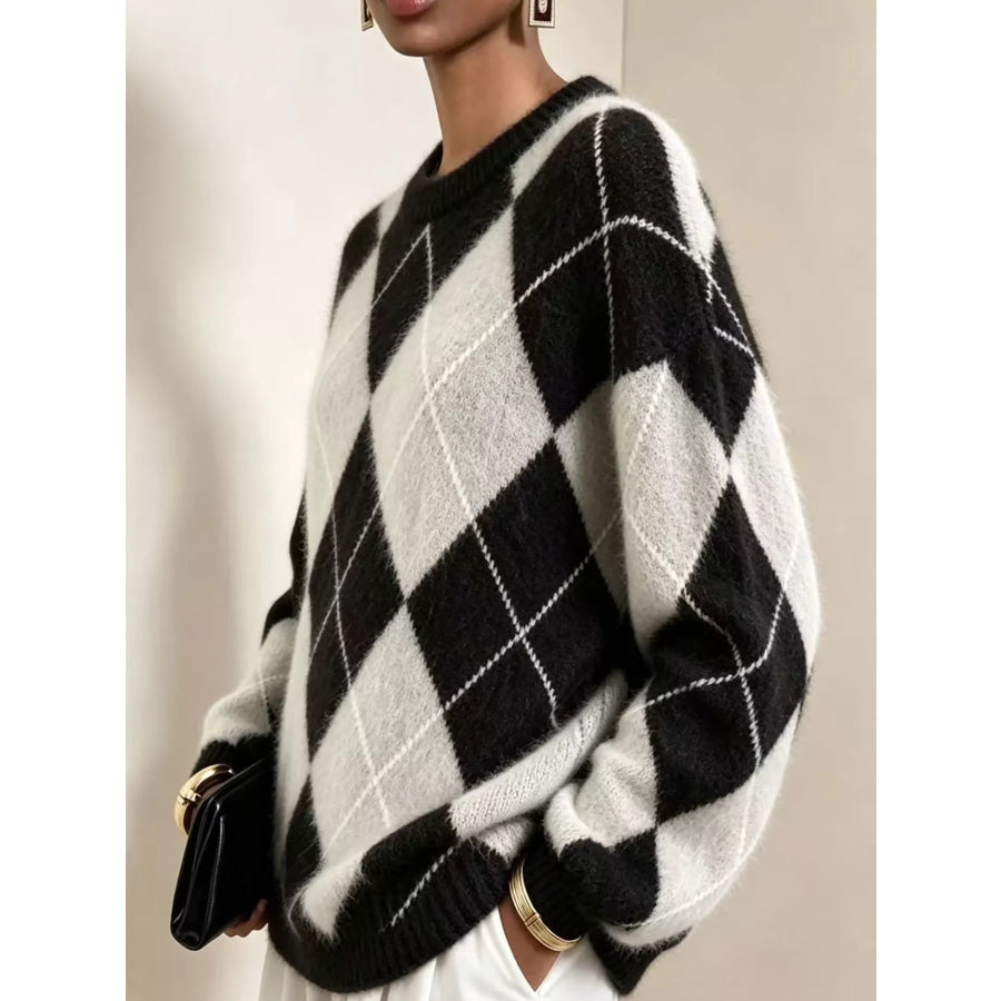 Argyle Pattern Fuzzy Knit Sweater Apparel and Accessories