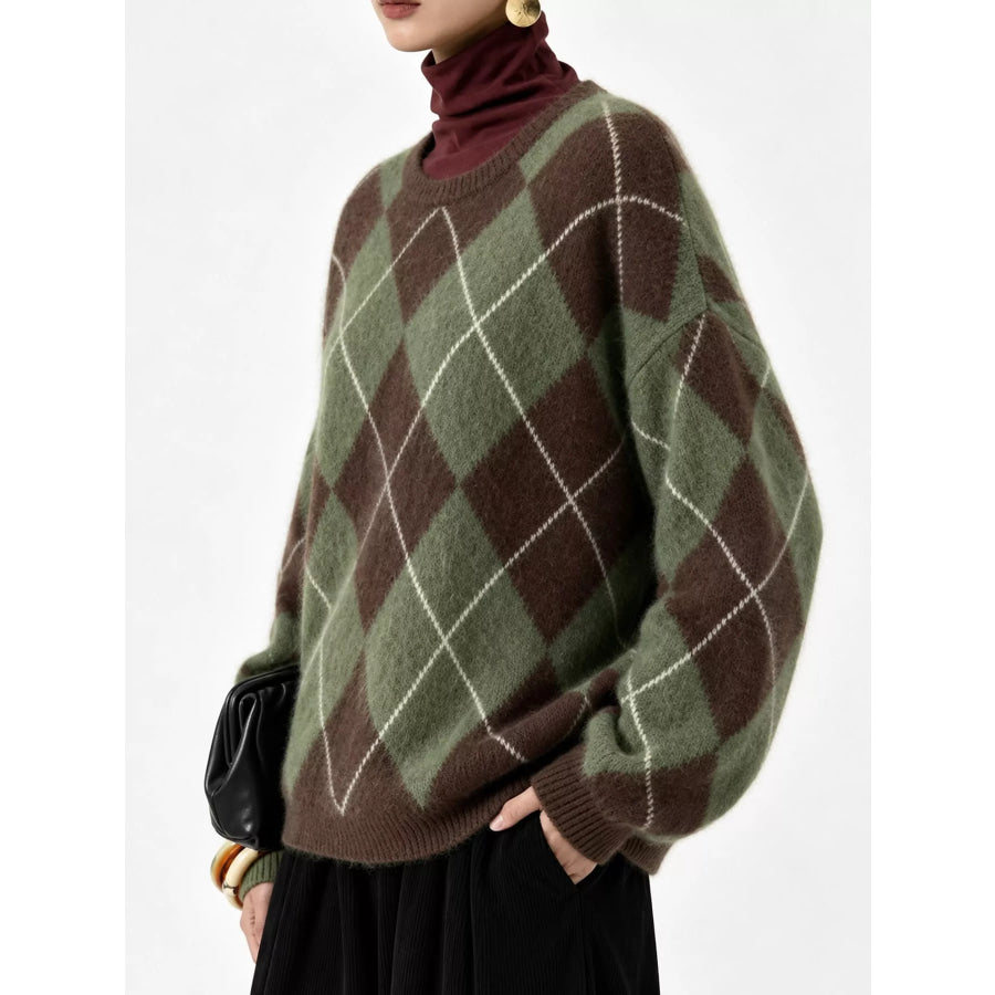 Argyle Pattern Fuzzy Knit Sweater Apparel and Accessories