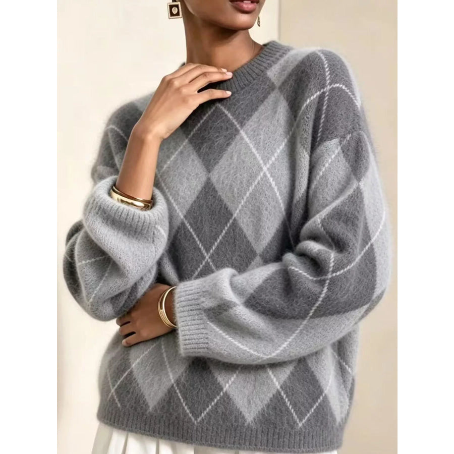 Argyle Pattern Fuzzy Knit Sweater Apparel and Accessories
