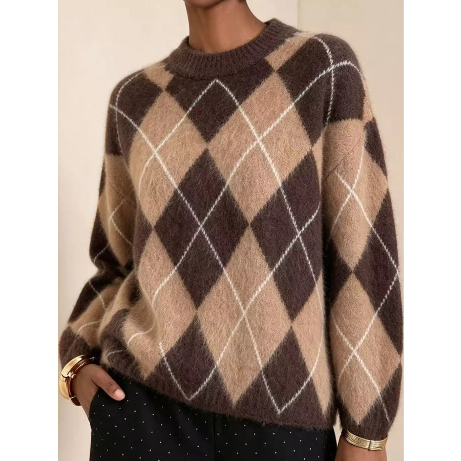 Argyle Pattern Fuzzy Knit Sweater Apparel and Accessories