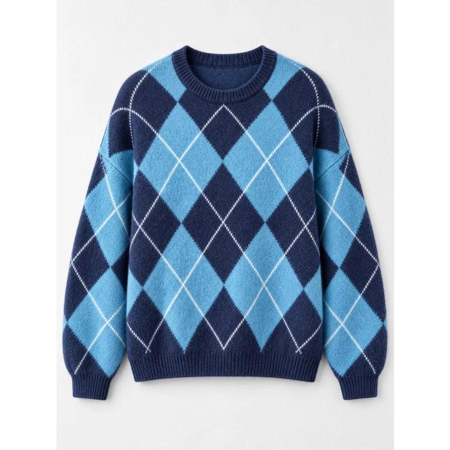 Argyle Pattern Fuzzy Knit Sweater Apparel and Accessories