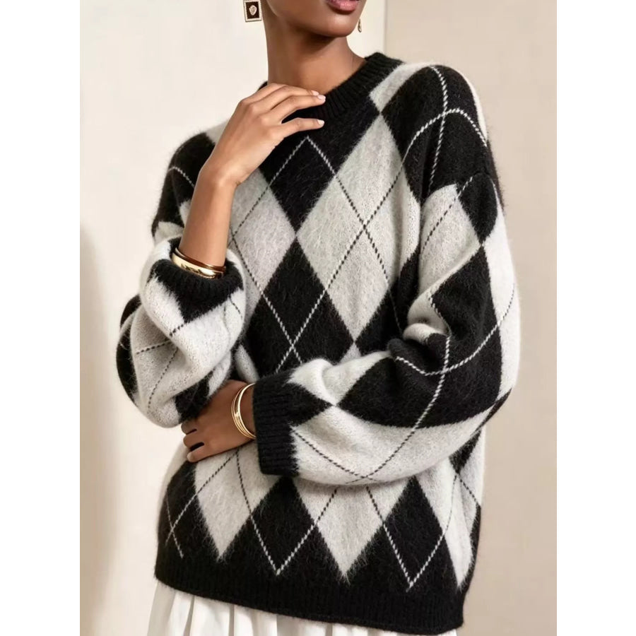Argyle Pattern Fuzzy Knit Sweater Apparel and Accessories