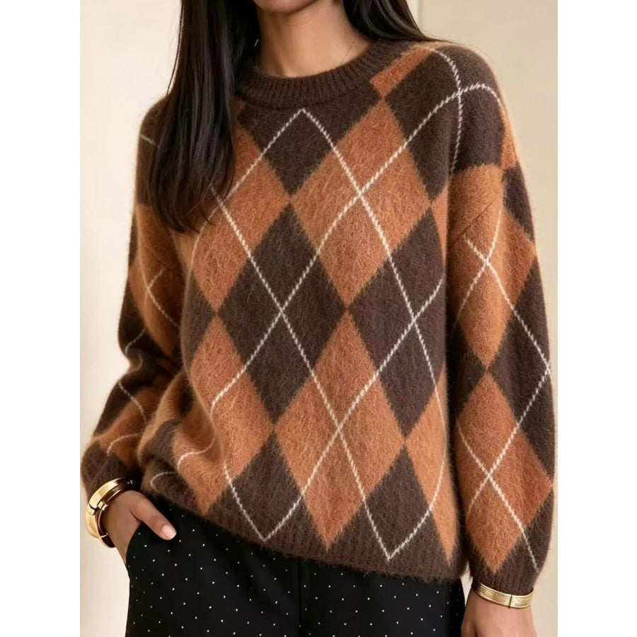 Argyle Pattern Fuzzy Knit Sweater Apparel and Accessories