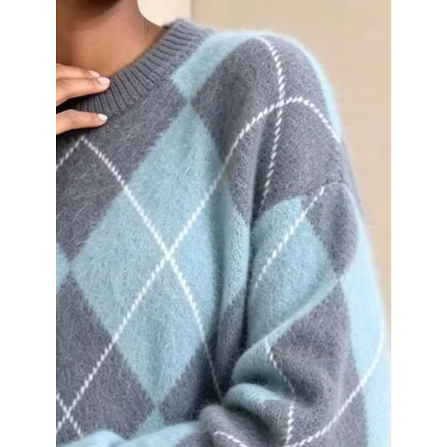 Argyle Pattern Fuzzy Knit Sweater Apparel and Accessories