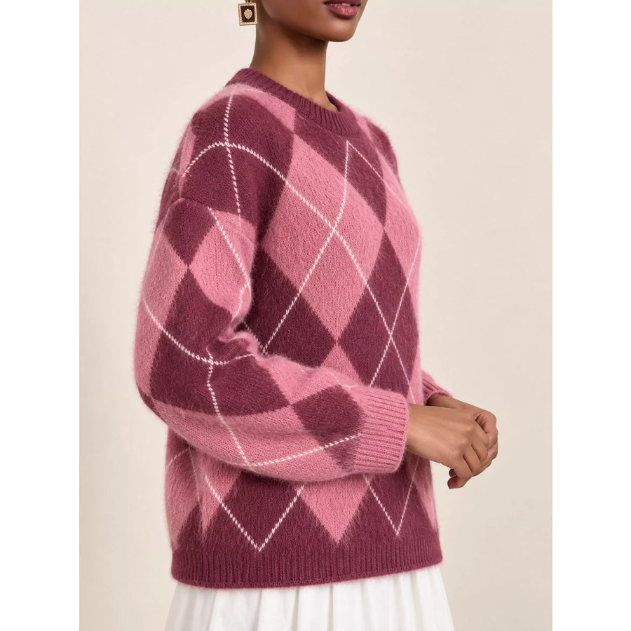 Argyle Pattern Fuzzy Knit Sweater Apparel and Accessories
