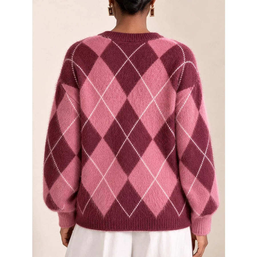 Argyle Pattern Fuzzy Knit Sweater Apparel and Accessories