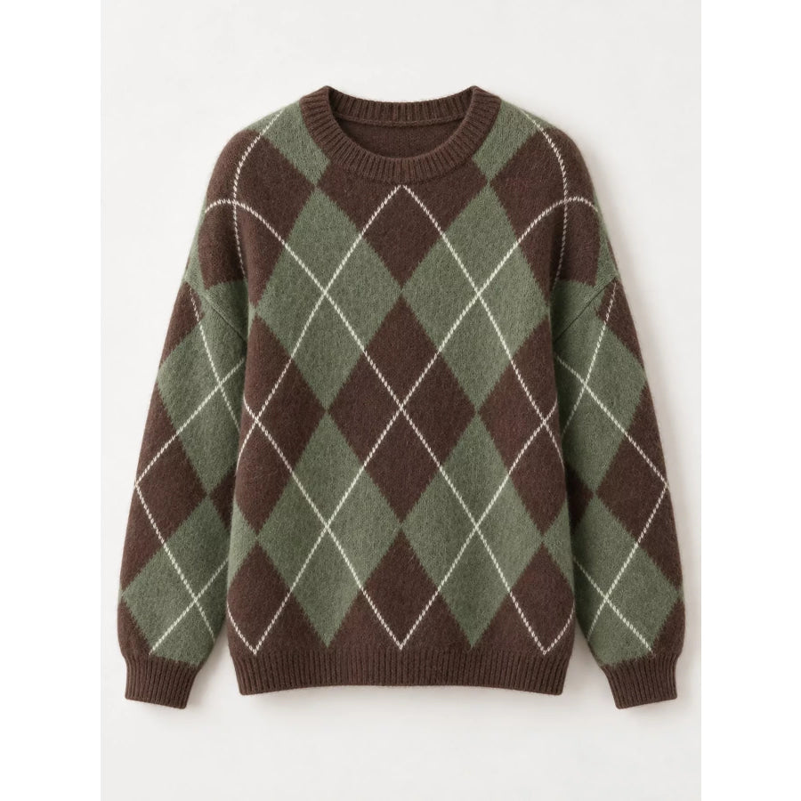 Argyle Pattern Fuzzy Knit Sweater Apparel and Accessories