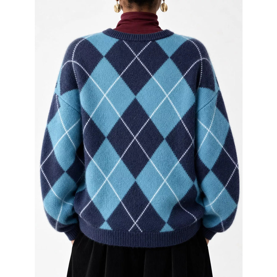 Argyle Pattern Fuzzy Knit Sweater Apparel and Accessories