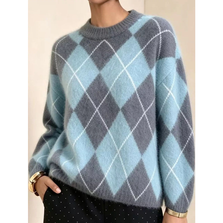 Argyle Pattern Fuzzy Knit Sweater Apparel and Accessories