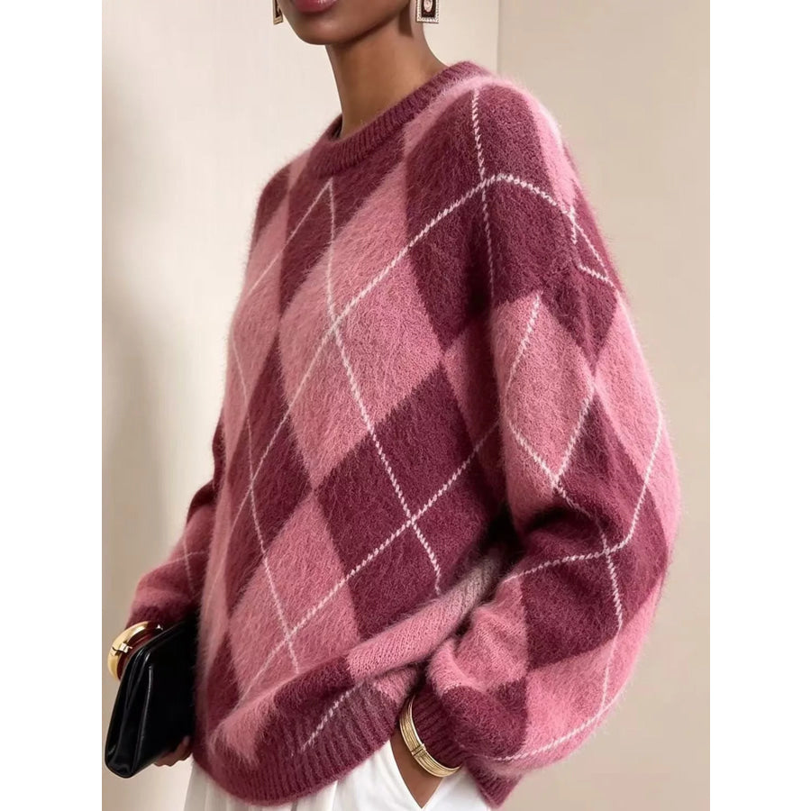 Argyle Pattern Fuzzy Knit Sweater Apparel and Accessories