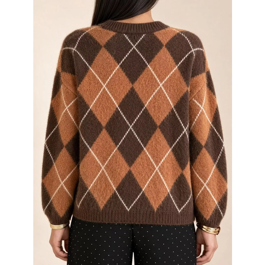 Argyle Pattern Fuzzy Knit Sweater Apparel and Accessories