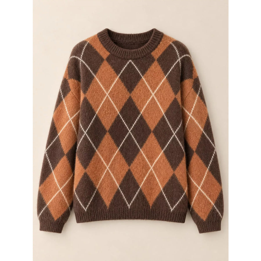 Argyle Pattern Fuzzy Knit Sweater Apparel and Accessories