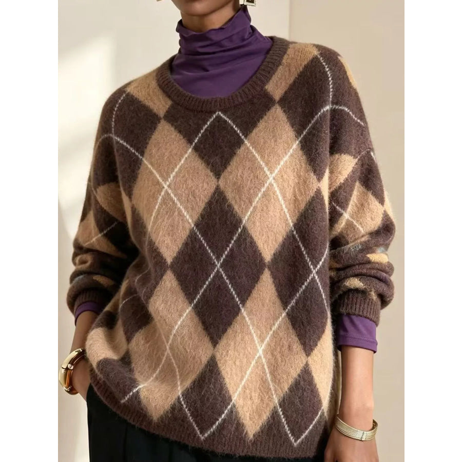 Argyle Pattern Fuzzy Knit Sweater Apparel and Accessories