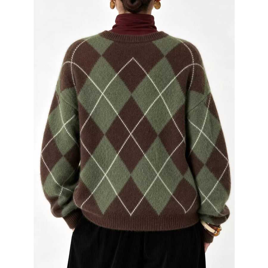 Argyle Pattern Fuzzy Knit Sweater Apparel and Accessories