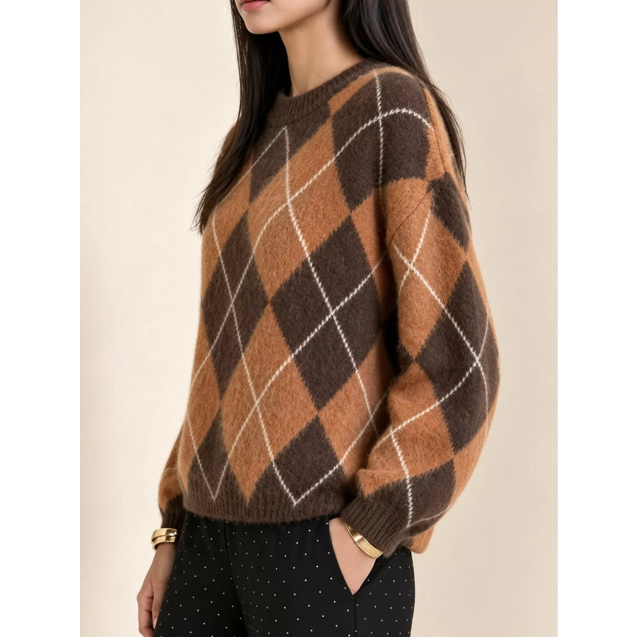 Argyle Pattern Fuzzy Knit Sweater Apparel and Accessories