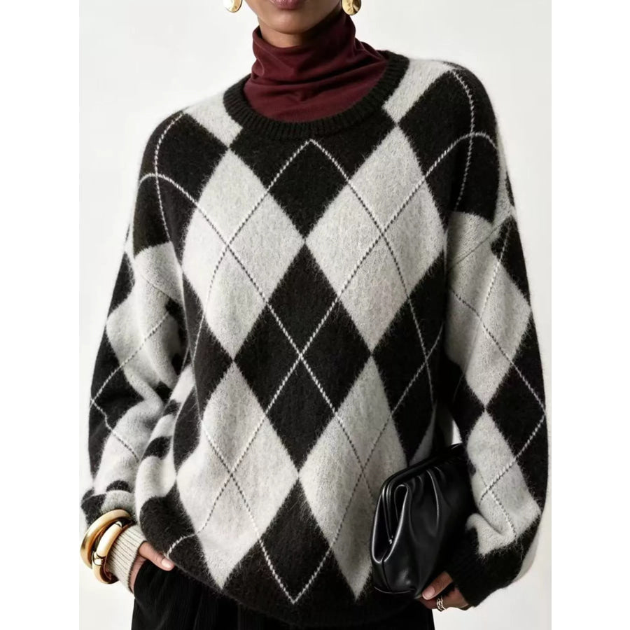 Argyle Pattern Fuzzy Knit Sweater Black / S Apparel and Accessories
