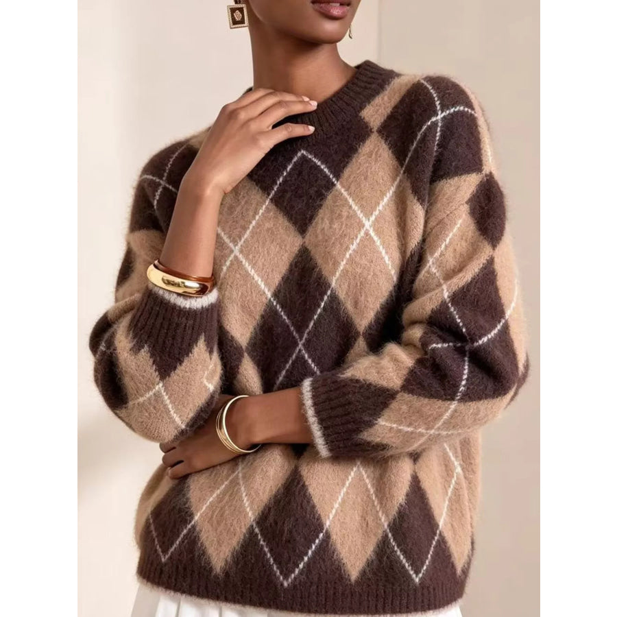 Argyle Pattern Fuzzy Knit Sweater Brown / S Apparel and Accessories