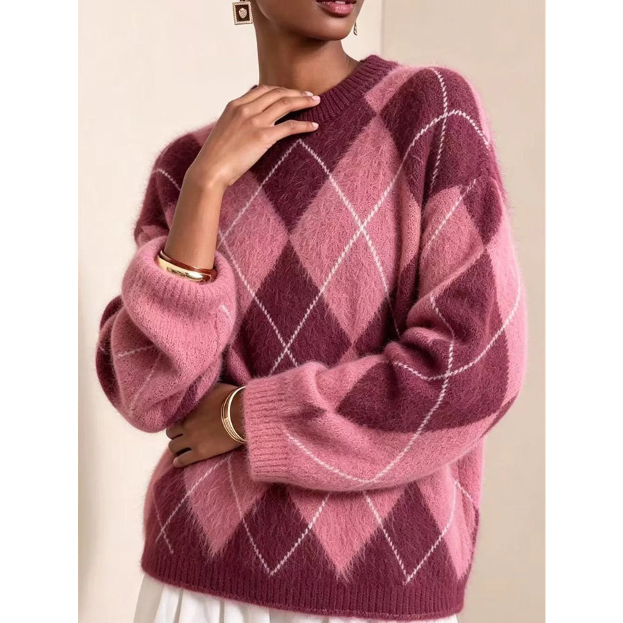 Argyle Pattern Fuzzy Knit Sweater Fuchsia Red / S Apparel and Accessories