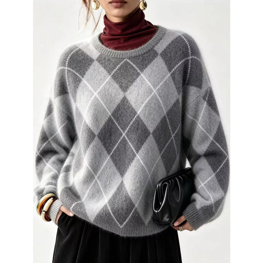 Argyle Pattern Fuzzy Knit Sweater Gray / S Apparel and Accessories