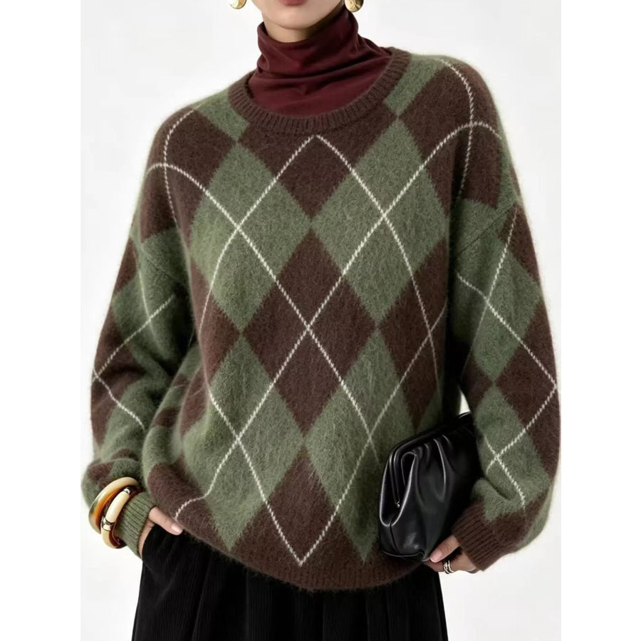 Argyle Pattern Fuzzy Knit Sweater Green / S Apparel and Accessories