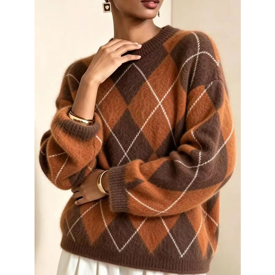 Argyle Pattern Fuzzy Knit Sweater Orange / S Apparel and Accessories
