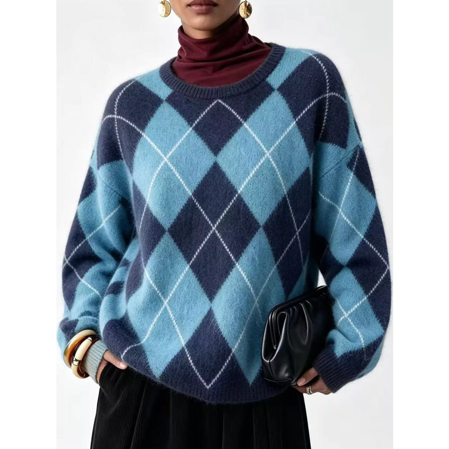 Argyle Pattern Fuzzy Knit Sweater Royal Blue / S Apparel and Accessories