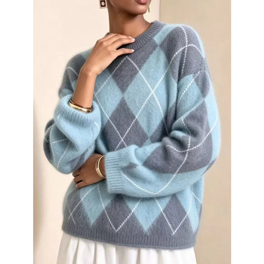Argyle Pattern Fuzzy Knit Sweater Sky Blue / S Apparel and Accessories